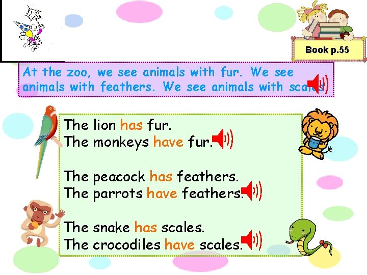 Book p. 55 At the zoo, we see animals with fur. We see animals