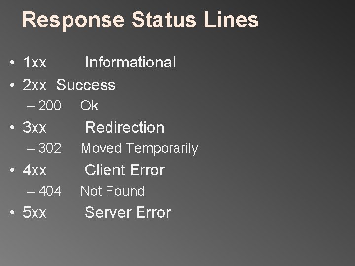 Response Status Lines • 1 xx Informational • 2 xx Success – 200 •