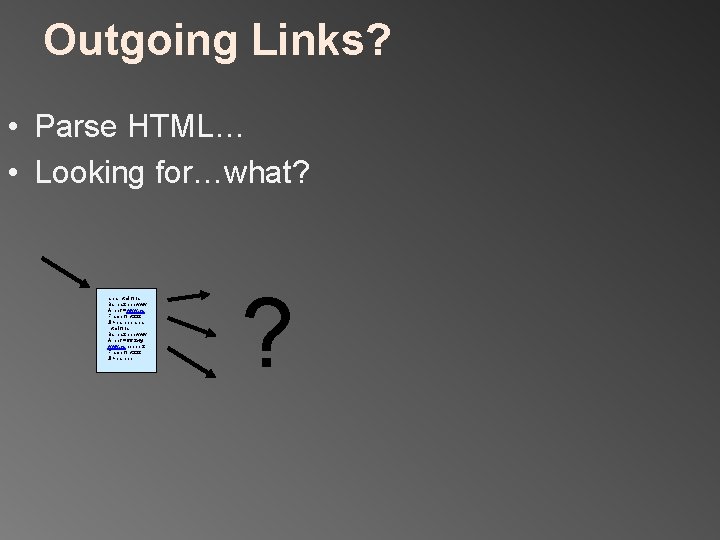 Outgoing Links? • Parse HTML… • Looking for…what? anns html foos Bar baz hhh