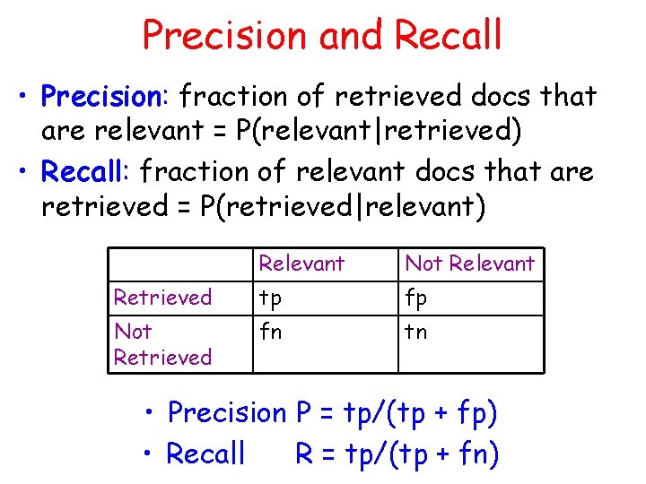 Precision and Recall • Precision: fraction of retrieved docs that are relevant = P(relevant|retrieved)