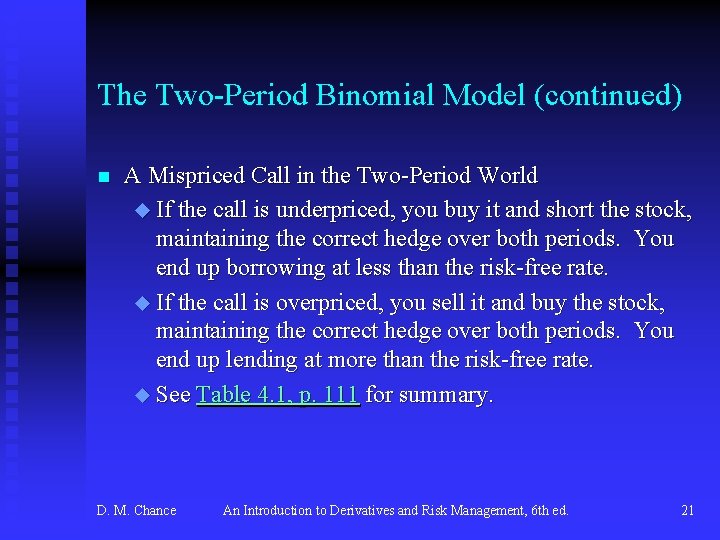 The Two-Period Binomial Model (continued) n A Mispriced Call in the Two-Period World u