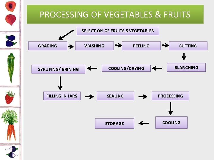 PROCESSING OF VEGETABLES & FRUITS SELECTION OF FRUITS &VEGETABLES GRADING SYRUPING/ BRINING FILLING IN