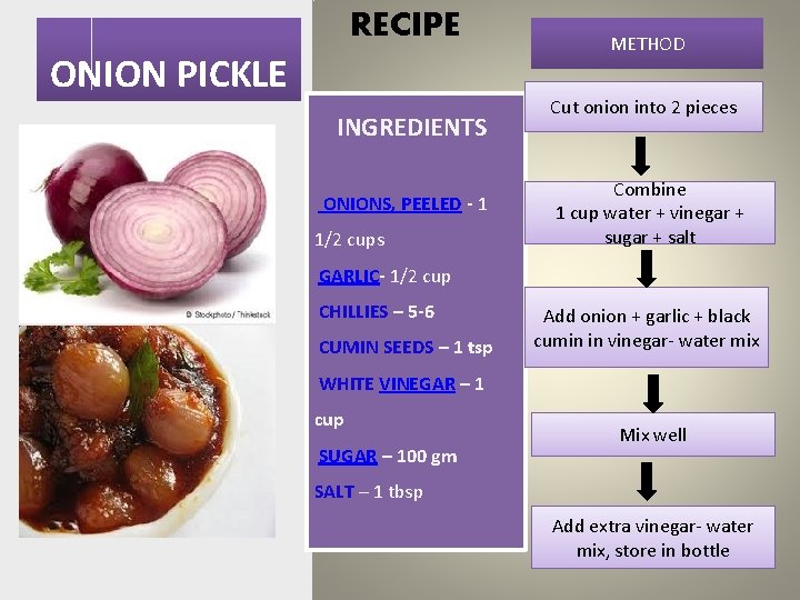 RECIPE ONION PICKLE INGREDIENTS ONIONS, PEELED - 1 1/2 cups METHOD Cut onion into
