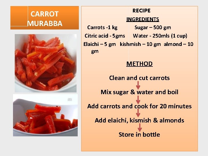 CARROT MURABBA RECIPE INGREDIENTS Carrots -1 kg Sugar – 500 gm Citric acid -