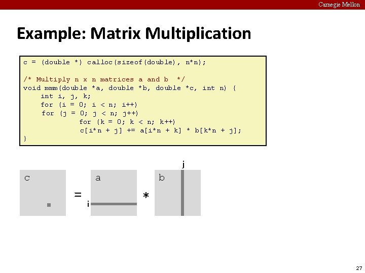 Carnegie Mellon Example: Matrix Multiplication c = (double *) calloc(sizeof(double), n*n); /* Multiply n