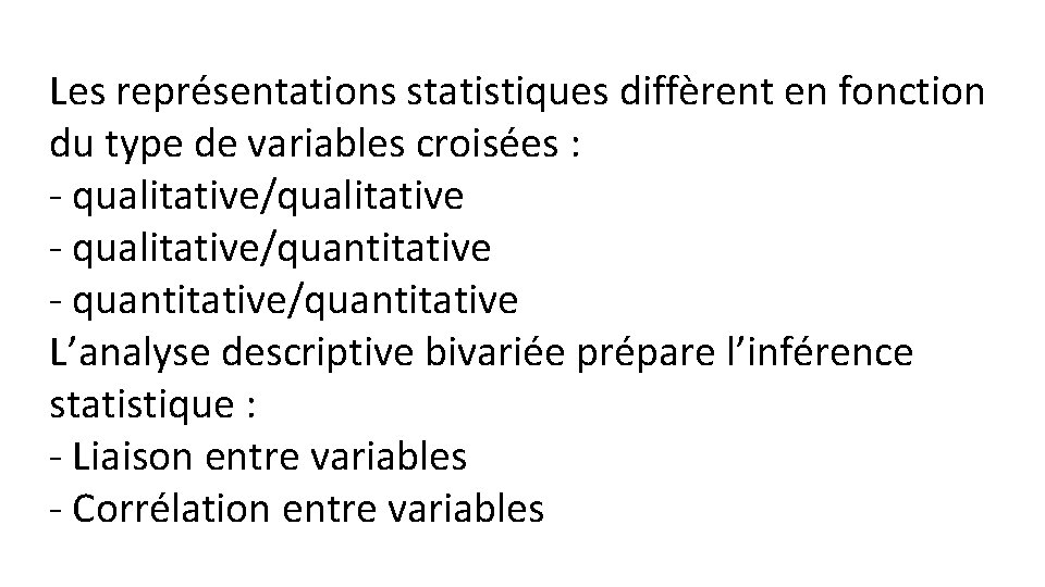 Les représentations statistiques diffèrent en fonction du type de variables croisées : - qualitative/qualitative