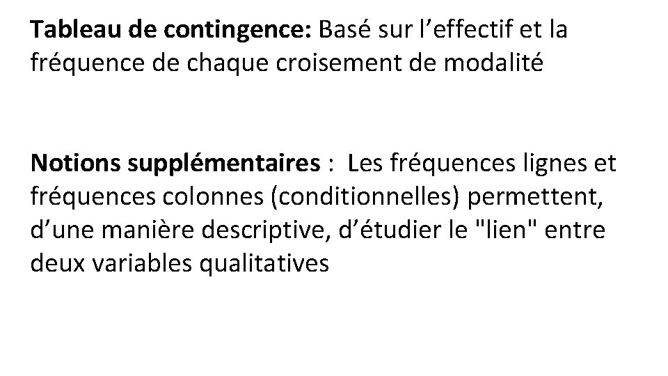 Tableau de contingence: Basé sur l’effectif et la fréquence de chaque croisement de modalité