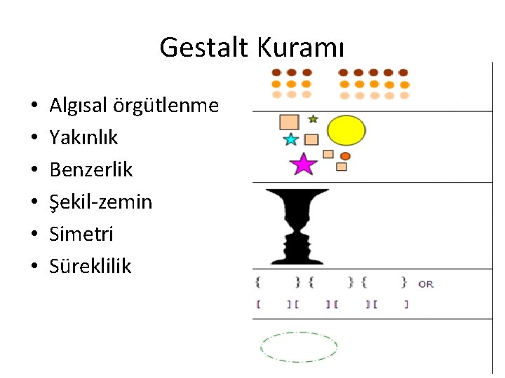 Gestalt Kuramı • • • Algısal örgütlenme Yakınlık Benzerlik Şekil-zemin Simetri Süreklilik 