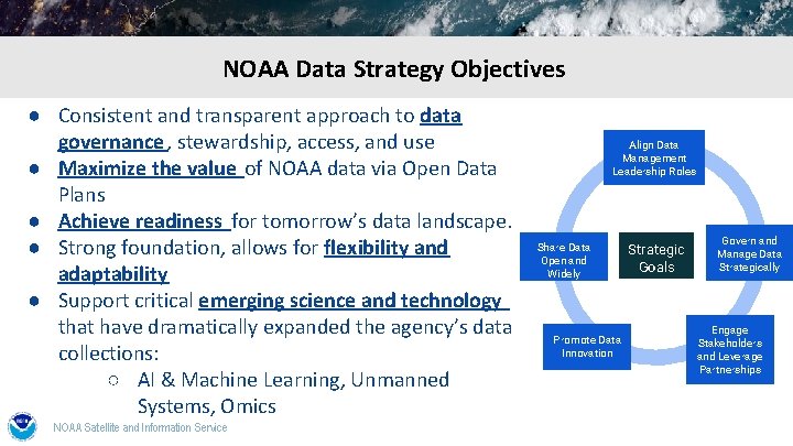 NOAA Data Strategy Objectives ● Consistent and transparent approach to data governance , stewardship,