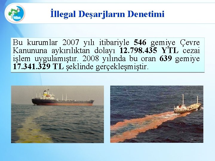 İllegal Deşarjların Denetimi Bu kurumlar 2007 yılı itibariyle 546 gemiye Çevre Kanununa aykırılıktan dolayı
