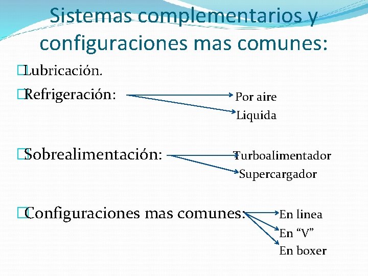 Sistemas complementarios y configuraciones mas comunes: �Lubricación. �Refrigeración: Por aire Liquida �Sobrealimentación: Turboalimentador Supercargador