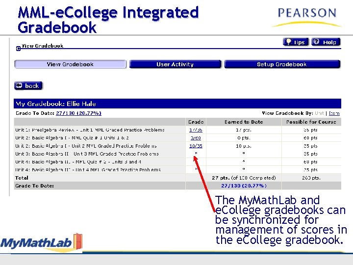 MML-e. College Integrated Gradebook The My. Math. Lab and e. College gradebooks can be