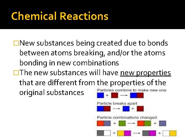 Chemical Reactions �New substances being created due to bonds between atoms breaking, and/or the