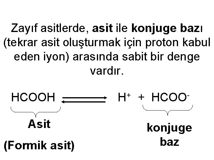 Zayıf asitlerde, asit ile konjuge bazı (tekrar asit oluşturmak için proton kabul eden iyon)