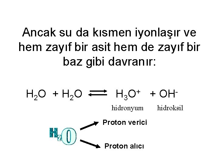 Ancak su da kısmen iyonlaşır ve hem zayıf bir asit hem de zayıf bir