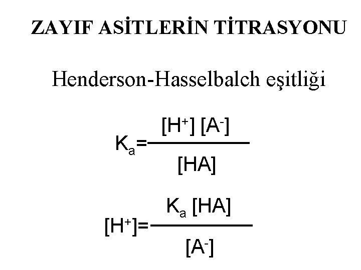 ZAYIF ASİTLERİN TİTRASYONU Henderson-Hasselbalch eşitliği K a= [H+] [A-] [HA] Ka [HA] [A-] 