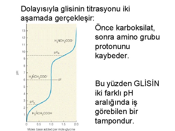 Dolayısıyla glisinin titrasyonu iki aşamada gerçekleşir: Önce karboksilat, sonra amino grubu protonunu kaybeder. Bu