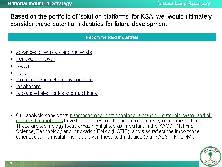 National Industrial Strategy ﺍﻻﺳﺘﺮﺍﺗﻴﺠﻴﺔ ﺍﻟﻮﻃﻨﻴﺔ ﻟﻠﺼﻨﺎﻋﺔ Based on the portfolio of ‘solution platforms’ for