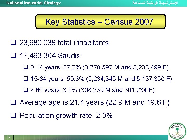 National Industrial Strategy ﺍﻻﺳﺘﺮﺍﺗﻴﺠﻴﺔ ﺍﻟﻮﻃﻨﻴﺔ ﻟﻠﺼﻨﺎﻋﺔ Key Statistics – Census 2007 q 23, 980,