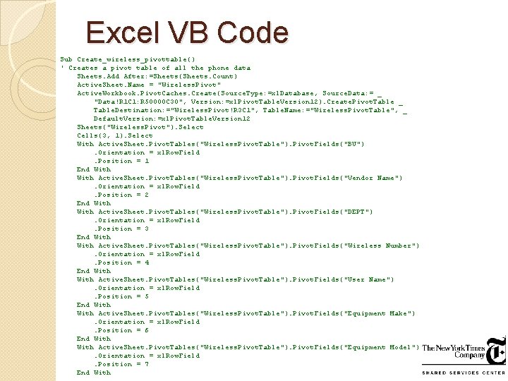 Excel VB Code Sub Create_wireless_pivottable() ' Creates a pivot table of all the phone Excel VB Code Sub Create_wireless_pivottable() ' Creates a pivot table of all the phone