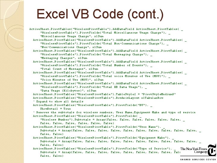 Excel VB Code (cont. ) Active. Sheet. Pivot. Tables("Wireless. Pivot. Table"). Add. Data. Field Excel VB Code (cont. ) Active. Sheet. Pivot. Tables("Wireless. Pivot. Table"). Add. Data. Field