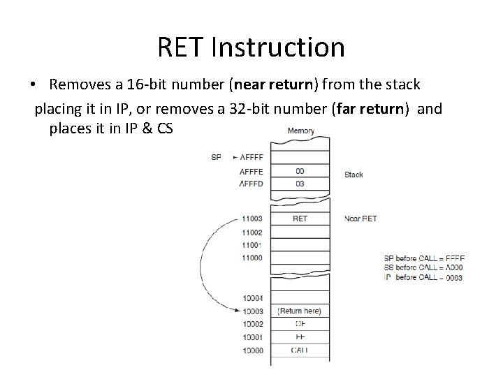 RET Instruction • Removes a 16 -bit number (near return) from the stack placing RET Instruction • Removes a 16 -bit number (near return) from the stack placing