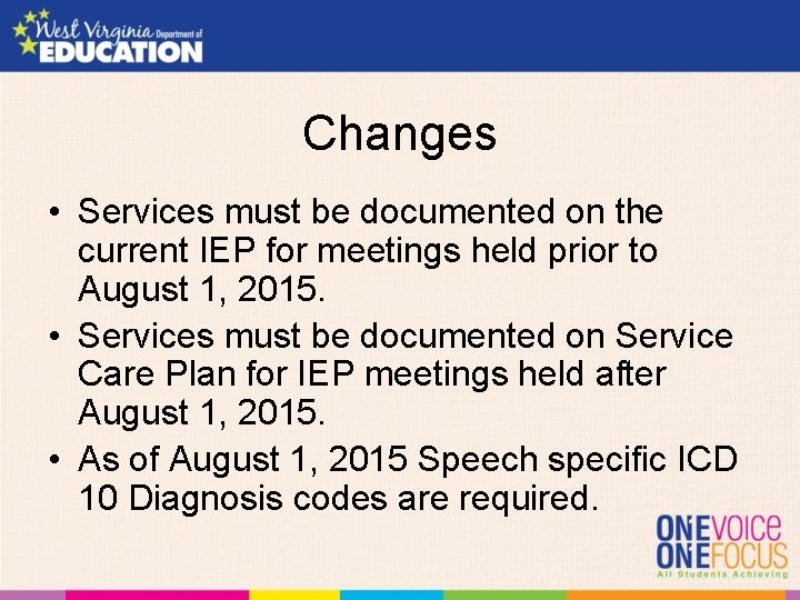 Changes • Services must be documented on the current IEP for meetings held prior
