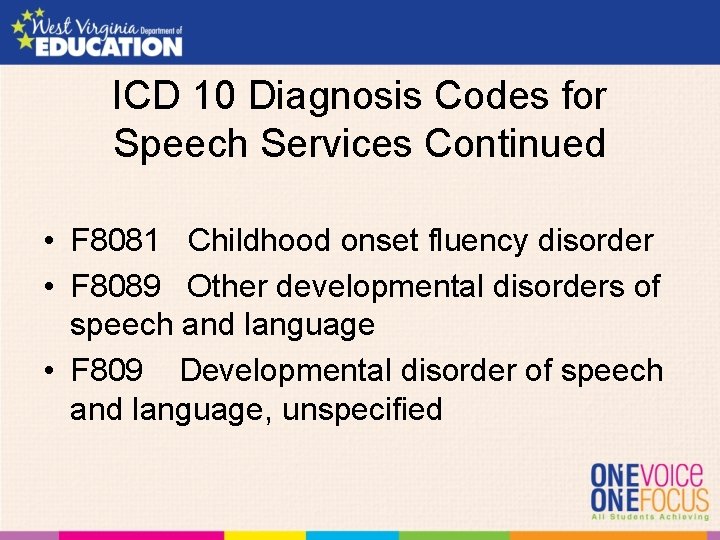 ICD 10 Diagnosis Codes for Speech Services Continued • F 8081 Childhood onset fluency
