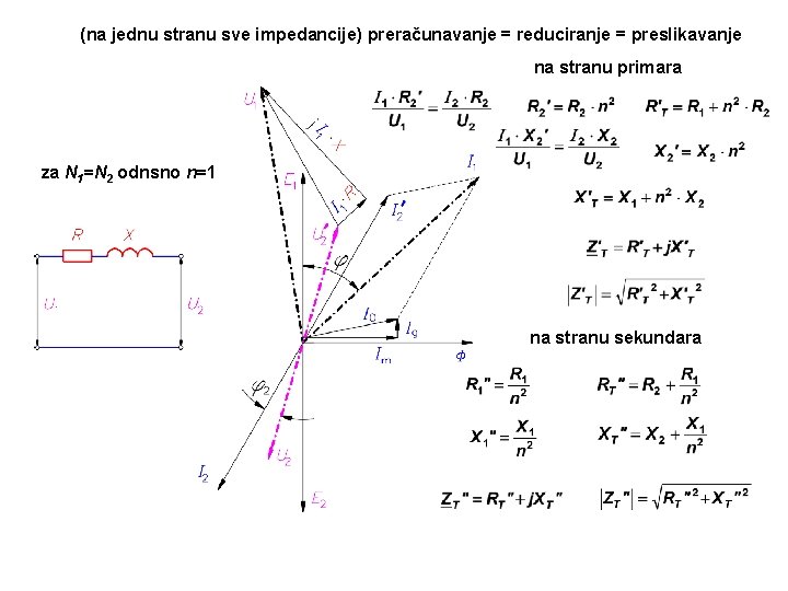 (na jednu stranu sve impedancije) preračunavanje = reduciranje = preslikavanje na stranu primara za