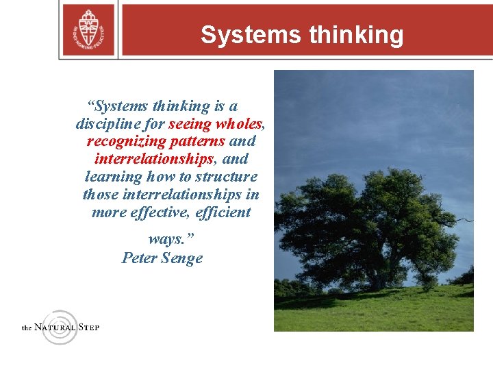 Systems thinking “Systems thinking is a discipline for seeing wholes, recognizing patterns and interrelationships,