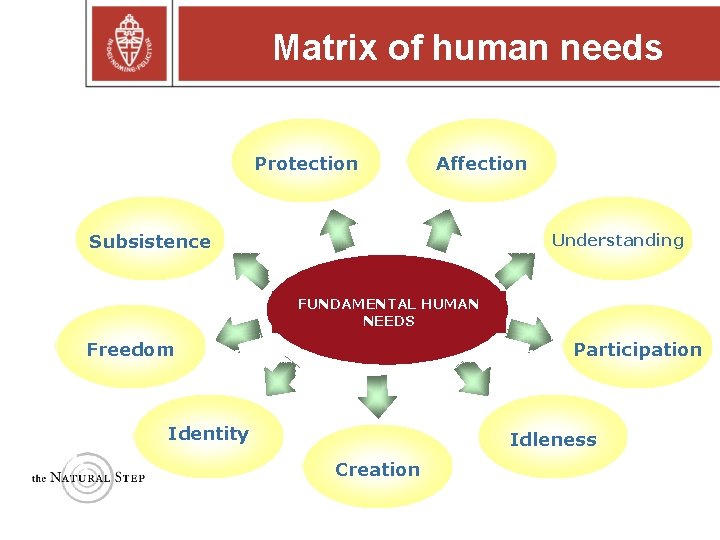 Matrix of human needs Protection Affection Subsistence Understanding FUNDAMENTAL HUMAN NEEDS Freedom Participation Identity