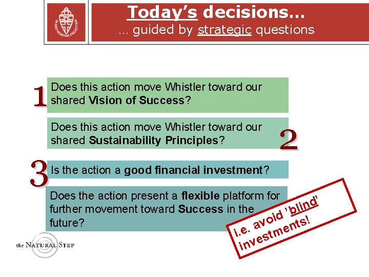 Today’s decisions… … guided by strategic questions 1 Does this action move Whistler toward