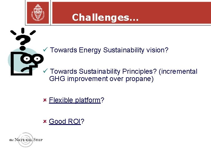 Challenges… Towards Energy Sustainability vision? Towards Sustainability Principles? (incremental GHG improvement over propane) Flexible