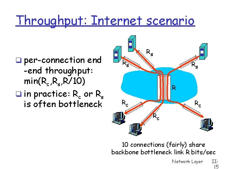 Throughput: Internet scenario q per-connection end -end throughput: min(Rc, Rs, R/10) q in practice: