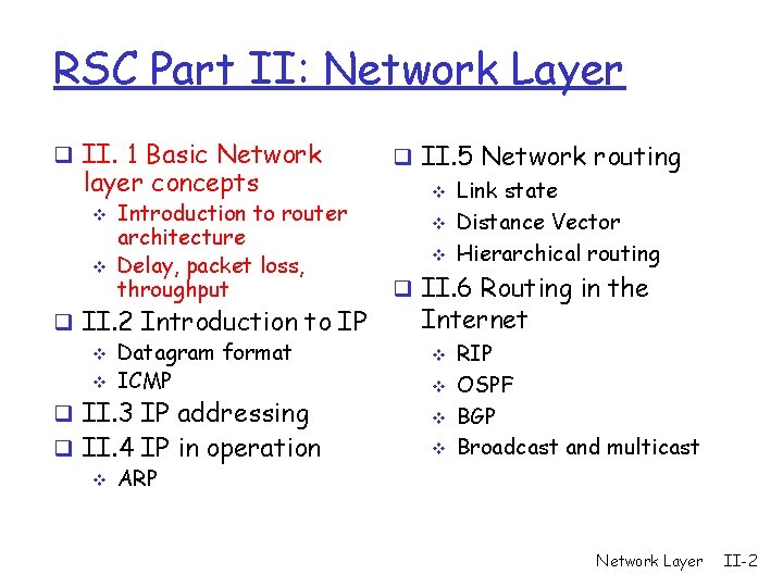 RSC Part II: Network Layer q II. 1 Basic Network layer concepts v v