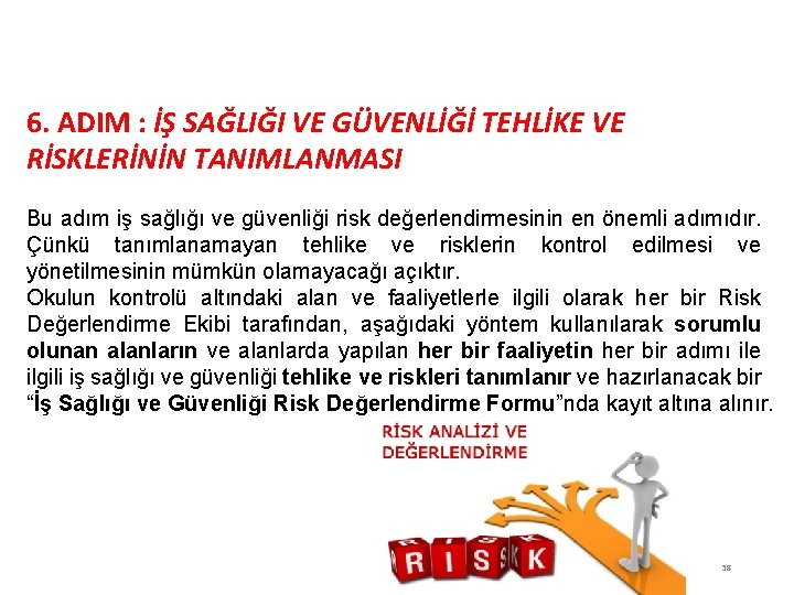 RİSK DEĞERLENDİRİLMESİ 6. ADIM : İŞ SAĞLIĞI VE GÜVENLİĞİ TEHLİKE VE RİSKLERİNİN TANIMLANMASI Bu