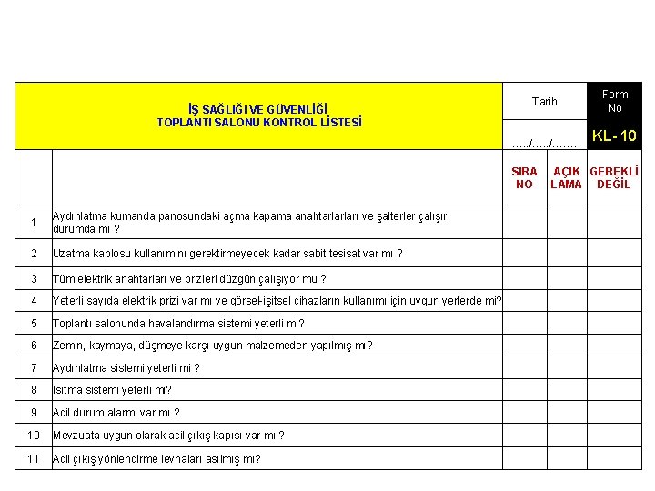 RİSK DEĞERLENDİRİLMESİ İŞ SAĞLIĞI VE GÜVENLİĞİ TOPLANTI SALONU KONTROL LİSTESİ Tarih …. . /…….