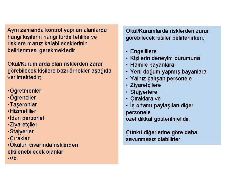 Aynı zamanda kontrol yapılan alanlarda hangi kişilerin hangi türde tehlike ve risklere maruz kalabileceklerinin