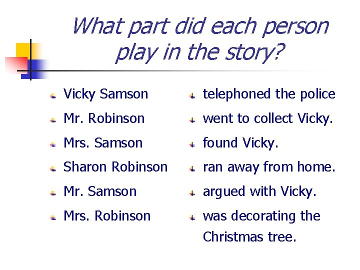 What part did each person play in the story? Vicky Samson telephoned the police