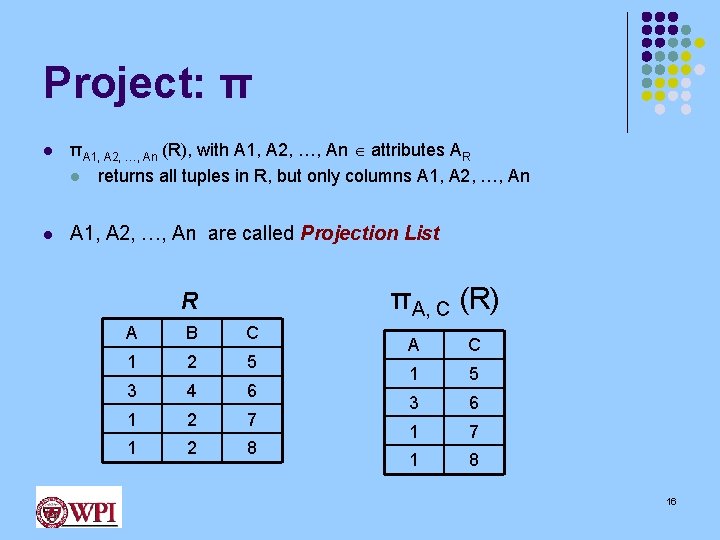 Project: π l πA 1, A 2, …, An (R), with A 1, A