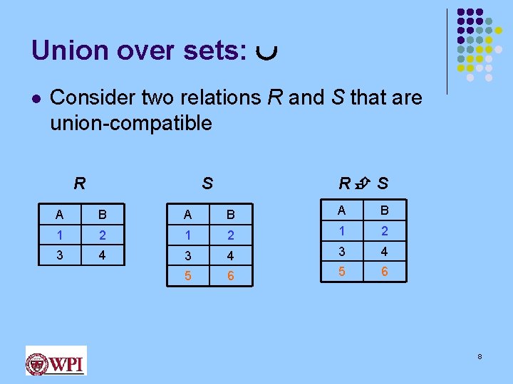 Union over sets: l Consider two relations R and S that are union-compatible R