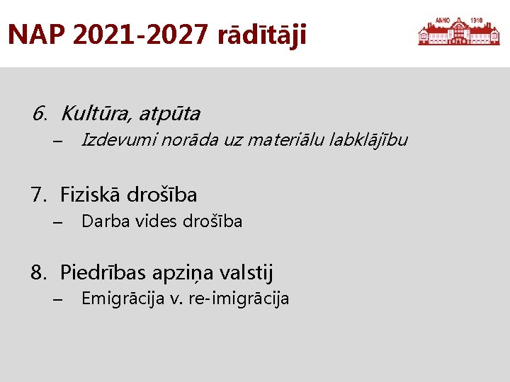 NAP 2021 -2027 rādītāji 6. Kultūra, atpūta – Izdevumi norāda uz materiālu labklājību 7.