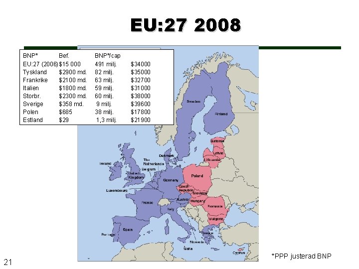 EU: 27 2008 BNP* Bef. EU: 27 (2006)$15 000 Tyskland $2900 md. Frankrike $2100