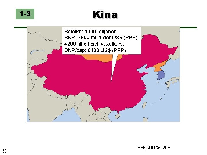 1 -3 Kina Befolkn: 1300 miljoner BNP: 7800 miljarder US$ (PPP) 4200 till officiell