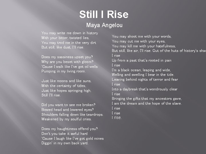 Still I Rise Maya Angelou You may write me down in history With your