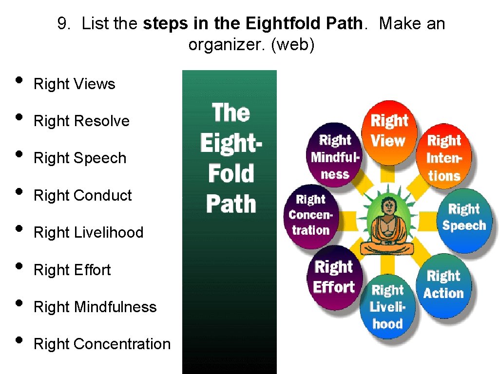 9. List the steps in the Eightfold Path. Make an organizer. (web) • •