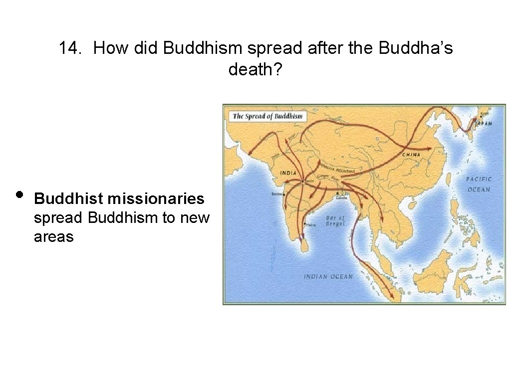 14. How did Buddhism spread after the Buddha’s death? • Buddhist missionaries spread Buddhism