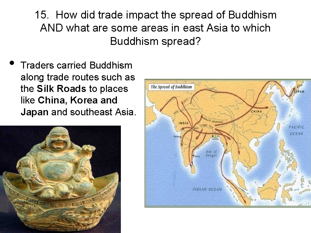 15. How did trade impact the spread of Buddhism AND what are some areas