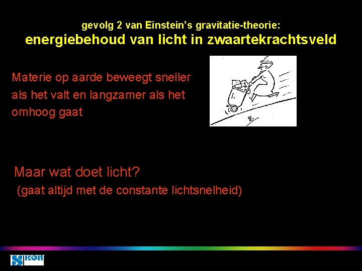 gevolg 2 van Einstein’s gravitatie-theorie: energiebehoud van licht in zwaartekrachtsveld Materie op aarde beweegt