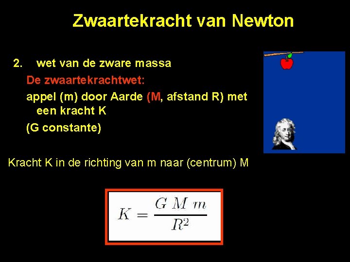 Zwaartekracht van Newton 2. wet van de zware massa De zwaartekrachtwet: appel (m) door